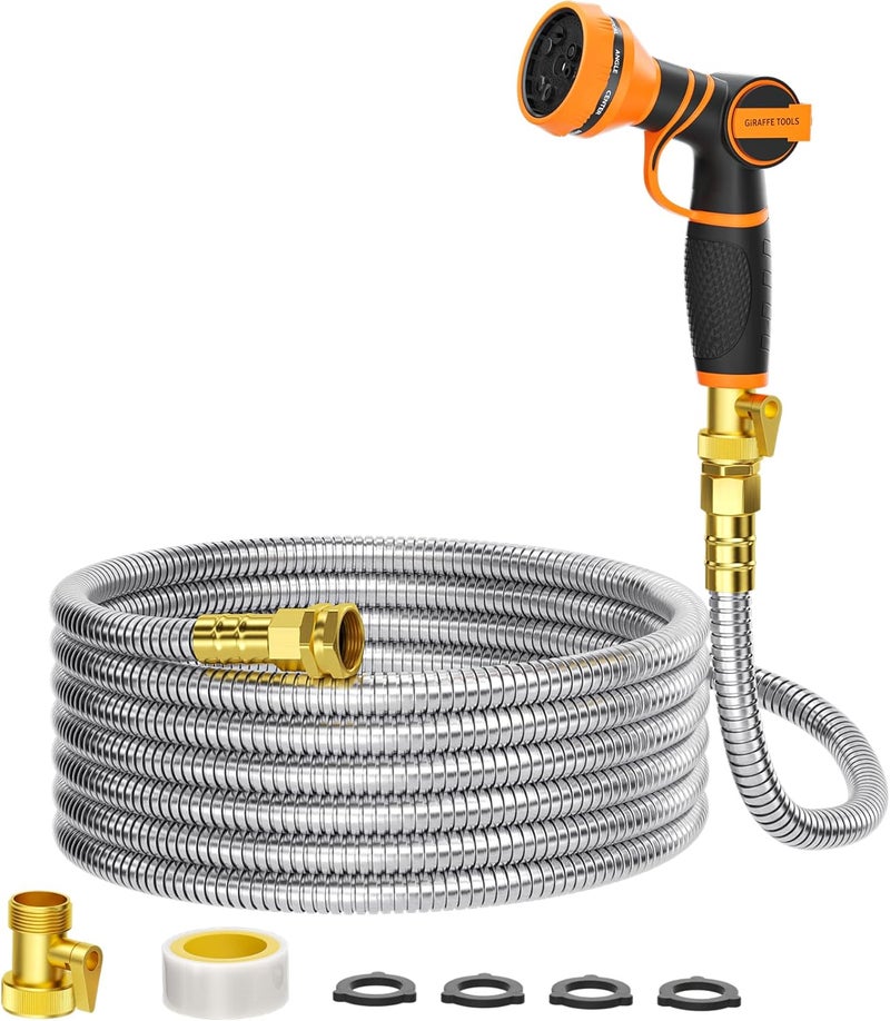 Giraffe Tools Garden Hose 50ft x 5/8", 304 Stainless Steel Metal Water Hose, No Kink Garden Water Hose with 9 Pattern Spray Nozzle, Flexible, Lightweight, Kink Free Hose for Yard, Outdoor - Image 1